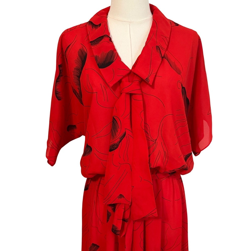 Womens Dress 8 Red Black Abstract Flowy Bow Statement Office Professional Chic - Picture 4 of 11